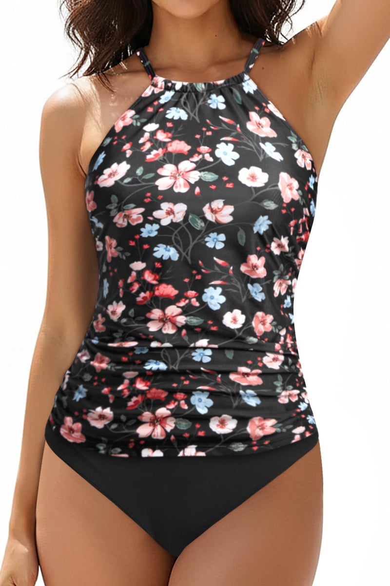 Tempt Me Pink Floral Two Piece Tankini Set Tummy Control Swimsuit for Women High Neck Top with Bottom Bathing Suits Ruched Swimwear S - Image 1